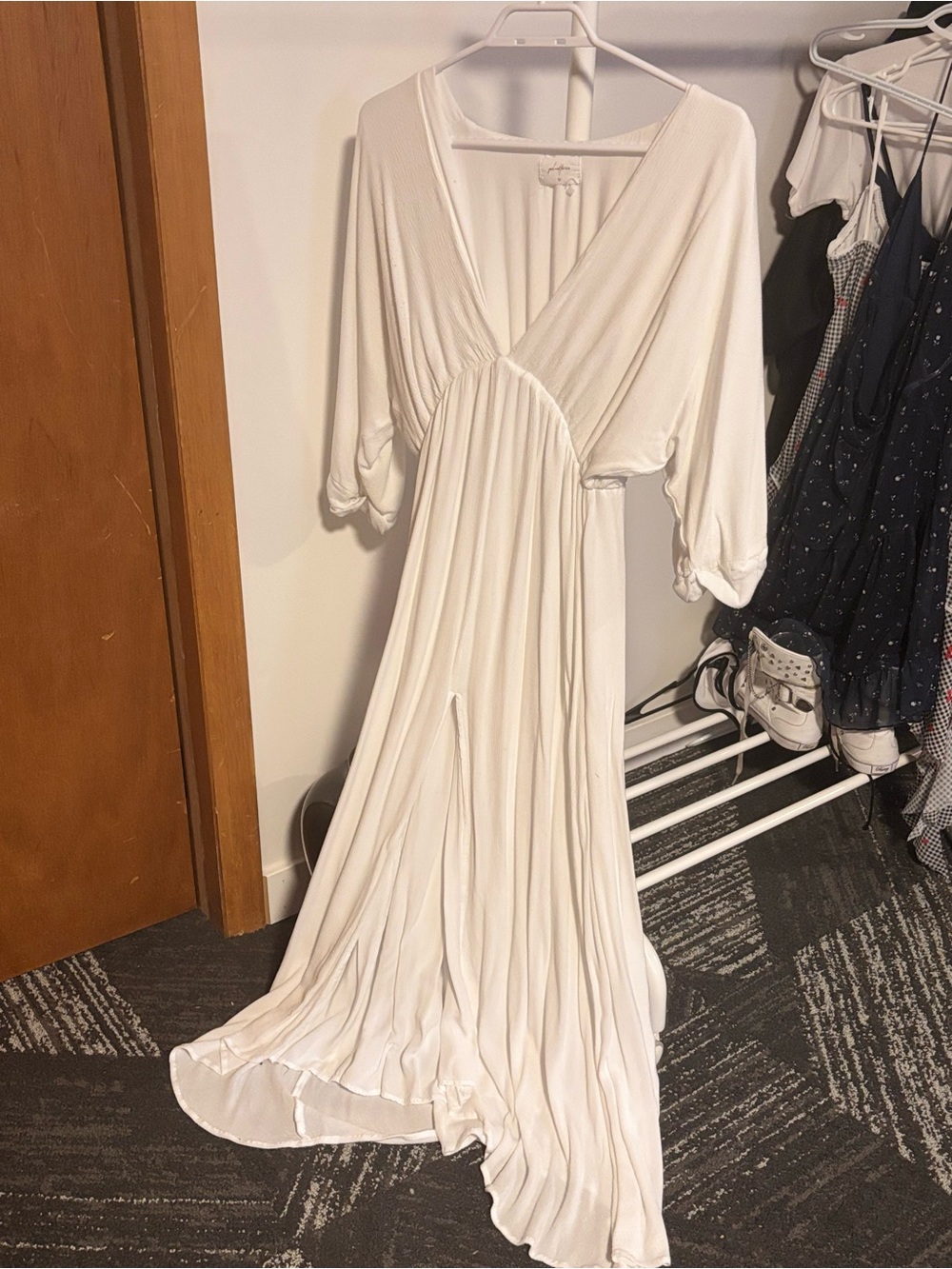 Flowy ethereal White Maxi Dress with Deep V- middle leg slit